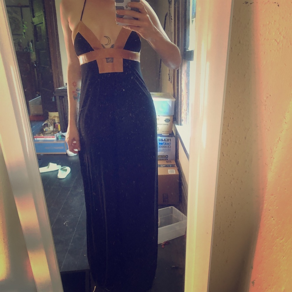 Real leather detail black dress, flowy and sexy
